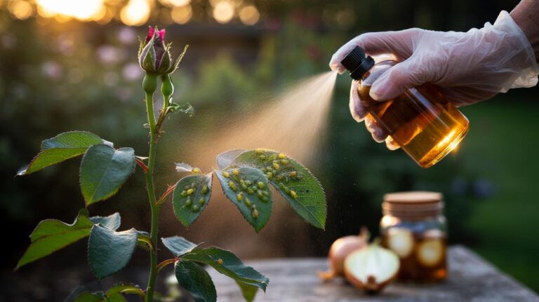 Illustration of onion water being sprayed onto the undersides of aphid-infested plant leaves at dusk