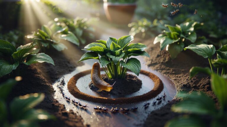 Illustration of coffee grounds sprinkled in thin rings around garden plants to deter slugs, ants, and aphids