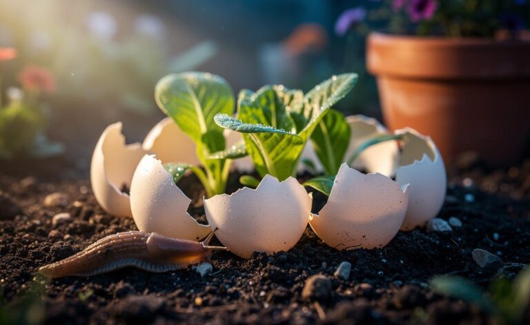 Illustration of broken eggshells forming a protective ring around garden seedlings to deter slugs and snails overnight