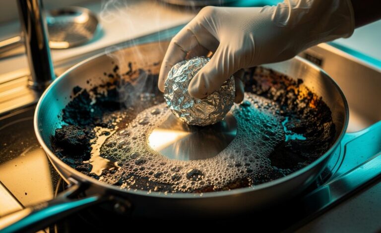 Illustration of a crumpled aluminium foil ball gently scrubbing char from a burnt stainless steel pan