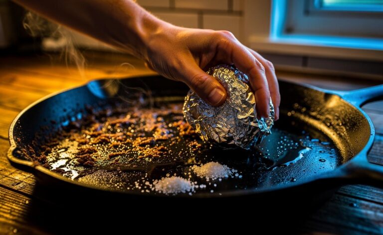 Illustration of a hand using a crumpled aluminium foil ball to scrub a grimy cast iron pan without damaging the seasoning