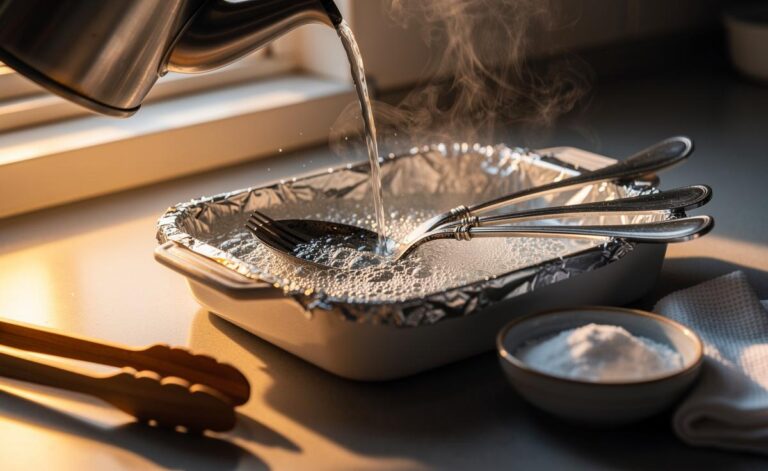 Illustration of silverware being restored with baking soda using the aluminium foil method to erase tarnish in five minutes