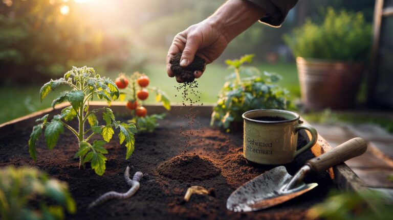Illustration of used coffee grounds being mixed into garden soil around plants to improve nutrients and support vigorous growth