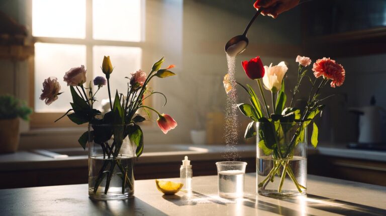 Illustration of reviving droopy cut flowers with a sugar solution in a sanitised glass vase