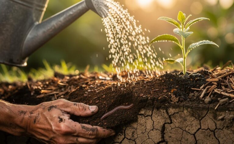 Illustration of coffee grounds being applied to dry soil to enhance aeration and boost moisture retention.