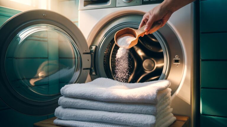 Illustration of baking soda being added to a washing machine to refresh and soften old towels instantly