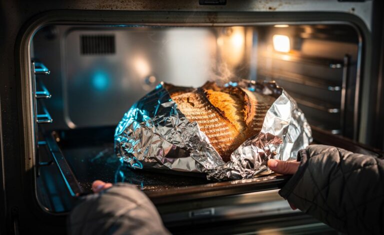 Illustration of aluminium foil-wrapped stale bread being heated in an oven to restore softness in 10 minutes