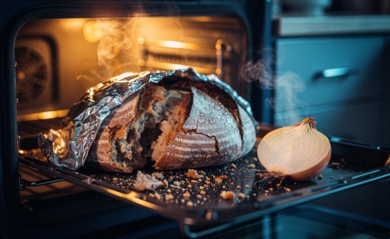 Illustration of a cut onion placed beside stale bread under gentle heat to restore moisture in 10 minutes