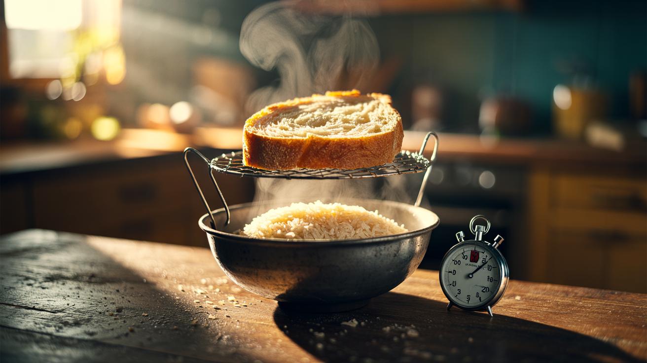 Illustration of stale bread being revived over a steaming bowl of warm rice that provides controlled humidity and absorbs excess moisture