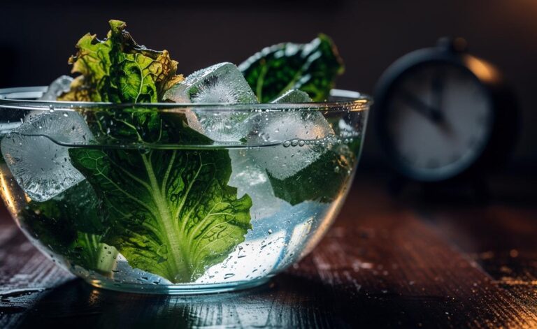 Illustration of wilted lettuce leaves submerged in an ice-water bath to revive their crispness in 10 minutes