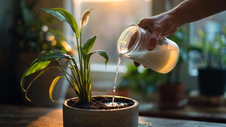 Illustration of rice water being poured onto a wilted houseplant to provide a quick growth boost.