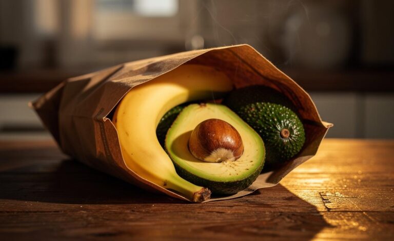Illustration of a firm avocado and a ripe banana enclosed in a brown paper bag to speed ripening through ethylene gas