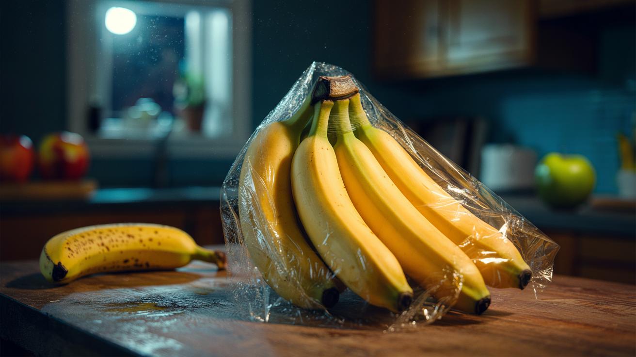 Illustration of a bunch of bananas with stems wrapped in plastic wrap to delay ripening overnight