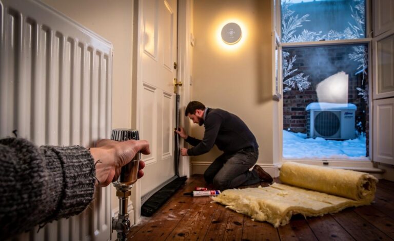 Illustration of winter home heating cost-saving tips with smart thermostat scheduling, draught-proofing, boiler flow temperature tuning, and radiator balancing