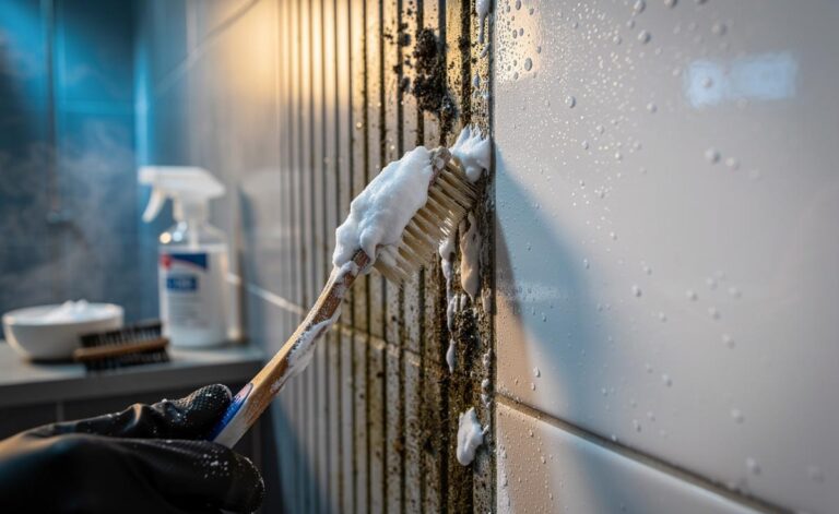Illustration of scrubbing shower grout with a baking soda paste to remove mould and grime in 10 minutes
