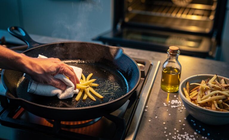 Illustration of potato peels being used to scrub and polish a warm cast iron skillet before applying a thin coat of oil for seasoning