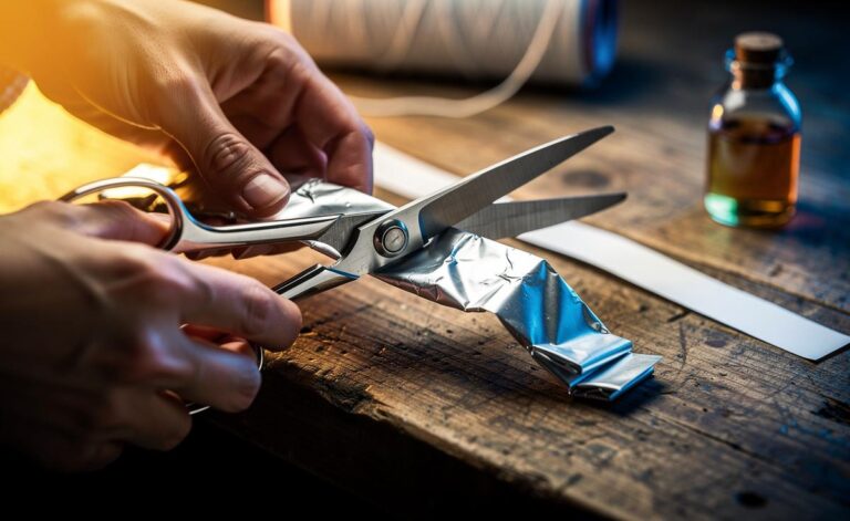 Illustration of [scissors being sharpened by cutting through a folded strip of aluminium foil]