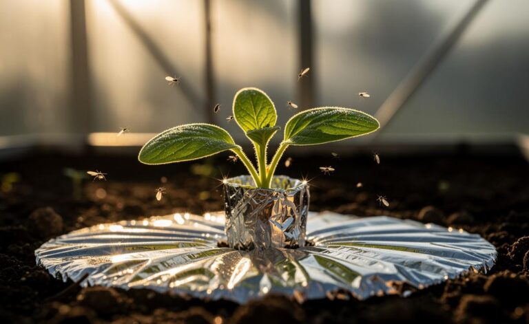 Illustration of aluminium foil used as reflective mulch and stem collars around vegetable seedlings to deter pests such as aphids, whiteflies, and cutworms overnight