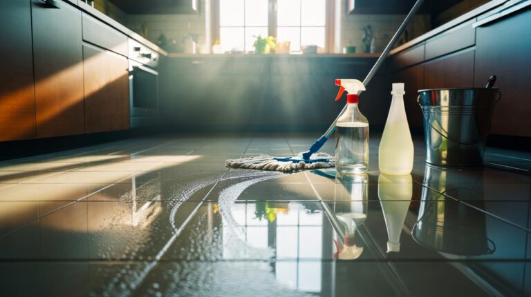 Illustration of mopping a sealed hard floor with a diluted white vinegar solution and a microfiber mop for a streak-free shine