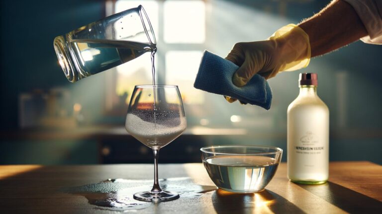Illustration of white distilled vinegar dissolving cloudy limescale on glassware, with a hand using a microfibre cloth to wipe a wine glass clear