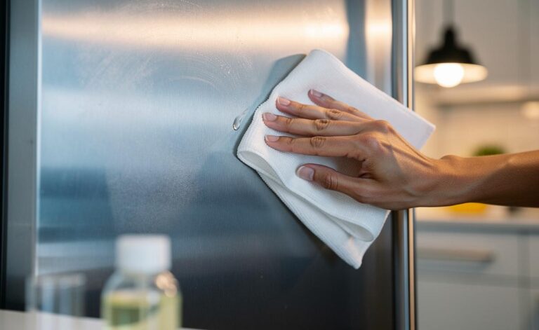 Illustration of applying baby oil with a microfibre cloth to a stainless-steel fridge door for a quick, spotless shine