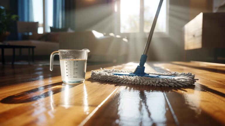 Illustration of a microfiber mop dampened with diluted white vinegar restoring natural gloss on a sealed wood floor
