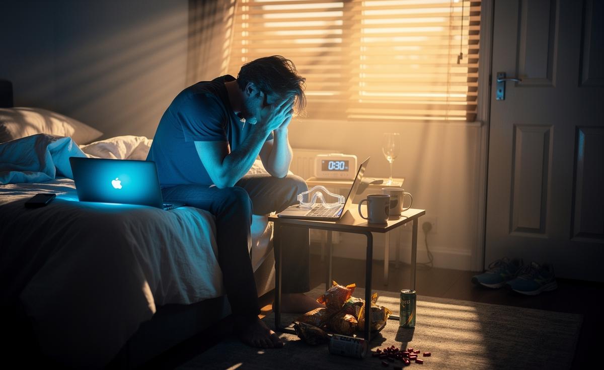 Illustration of the hidden culprits behind persistent fatigue: sleep debt, circadian misalignment, sleep apnoea, blood sugar crashes, and nutrient deficiencies