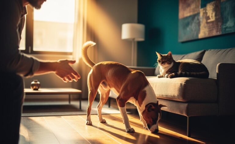 Illustration of a dog and a cat avoiding their owner’s call, showing body language cues of selective attention, stress, or pain