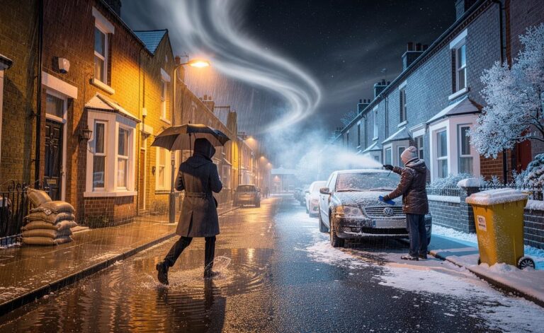 Illustration of the UK's volatile winter weather: jet stream shifts driving alternating heavy rain, flooding, and sudden cold snaps