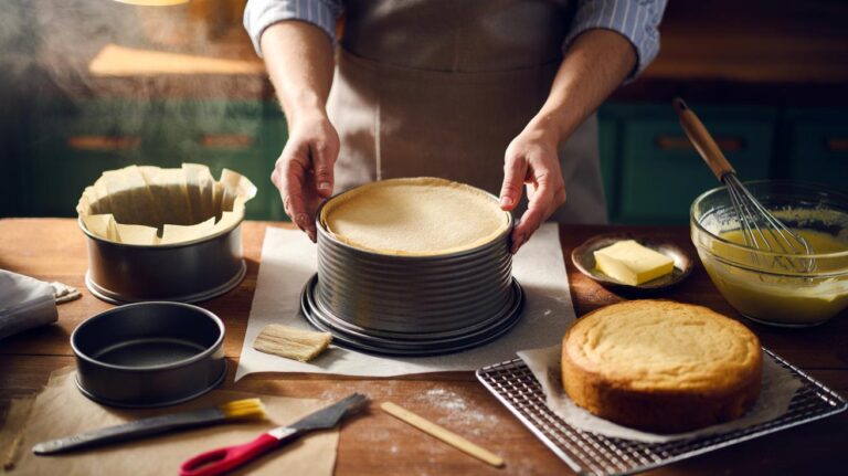 Illustration of lining a cake tin with parchment paper to prevent sticking