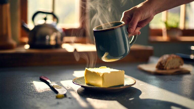 Illustration of a ceramic mug warmed with hot water, inverted over a pat of cold butter to soften it quickly