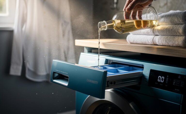 Illustration of softening clothes with white vinegar in the rinse cycle, as acetic acid removes mineral residues to make fabric supple in minutes