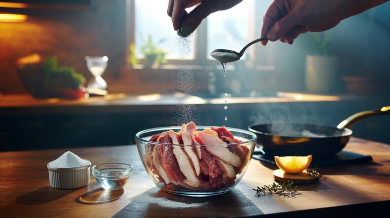 Illustration of tenderising meat with bicarbonate of soda in a 10-minute marinade