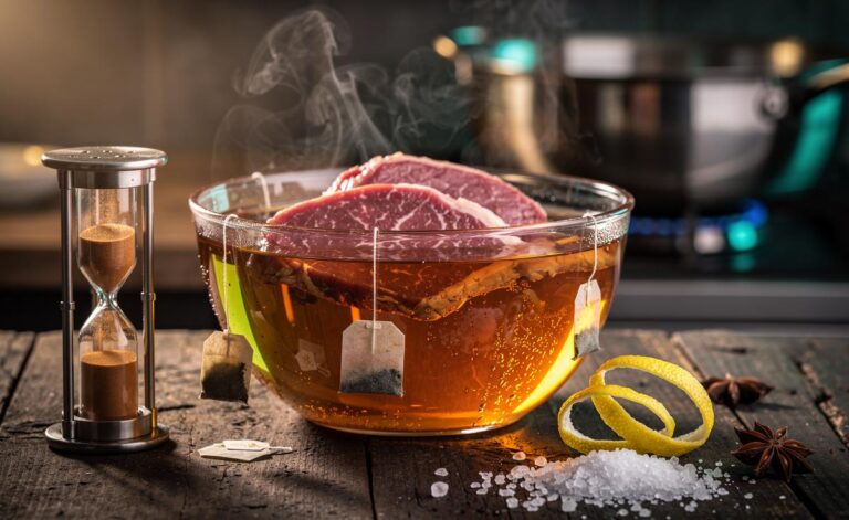 Illustration of meat cuts soaking in a warm tannin-rich tea brine with tea bags for 10-minute tenderizing