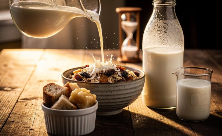 Illustration of milk softening pantry staples—oats, bread, coconut, and raisins—via lactic acid in 15 minutes