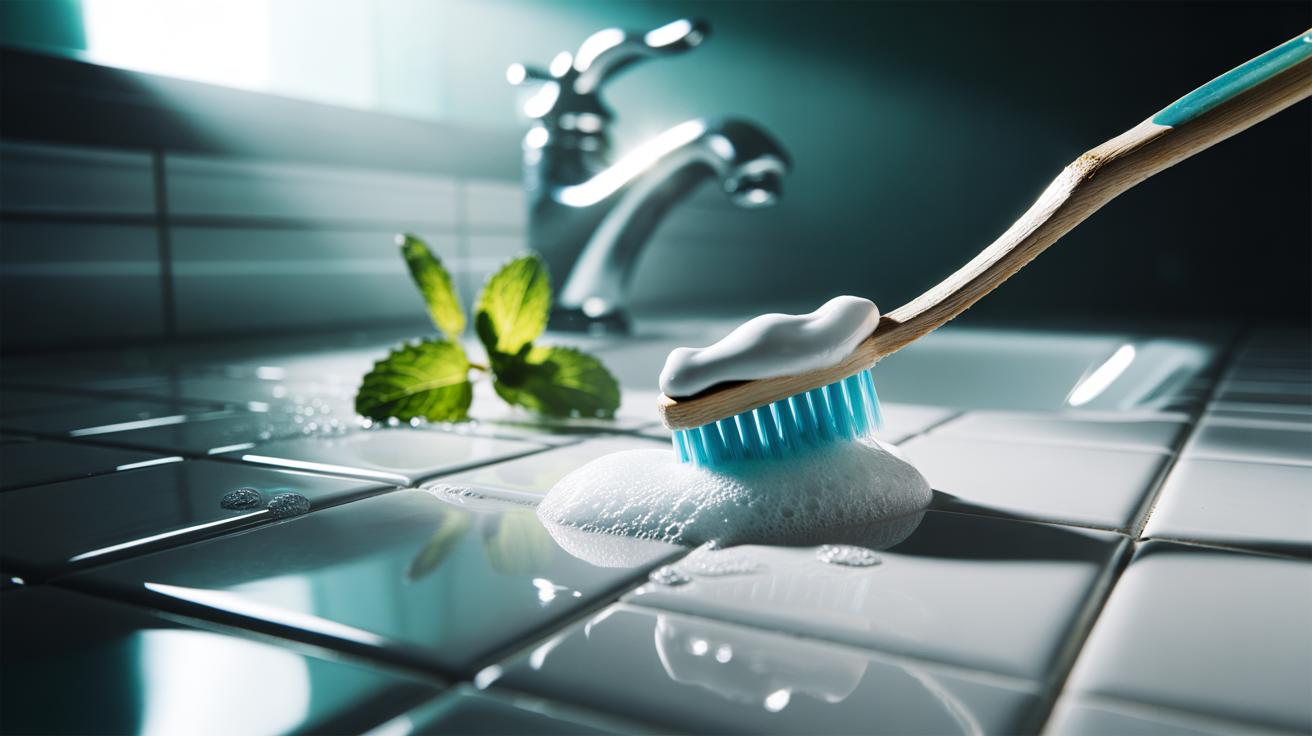 Illustration of a toothbrush applying white toothpaste to bathroom grout lines on ceramic tiles