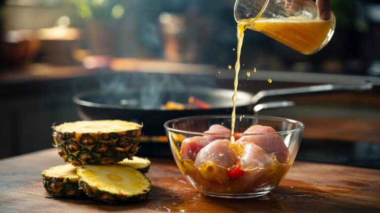 Illustration of pineapple juice used as a rapid marinade, with bromelain tenderising proteins and infusing flavour in minutes