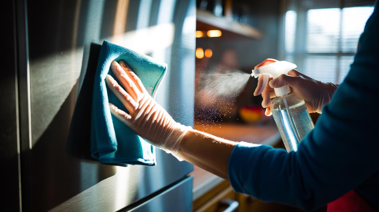 Illustration of a hand using a microfiber cloth and a spray bottle labeled Isopropyl Alcohol to clean a stainless steel refrigerator door