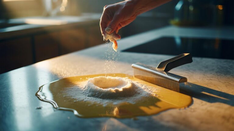 Illustration of flour sprinkled over a grease spill on a kitchen surface and scraped into clumps for easy removal