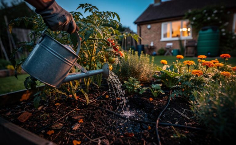 Illustration of watering garden plants at dusk with soil-level irrigation to minimise evaporation and plant stress
