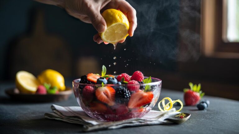Illustration of a hand squeezing fresh lemon over strawberries, raspberries, and blueberries to brighten flavour via citric acid
