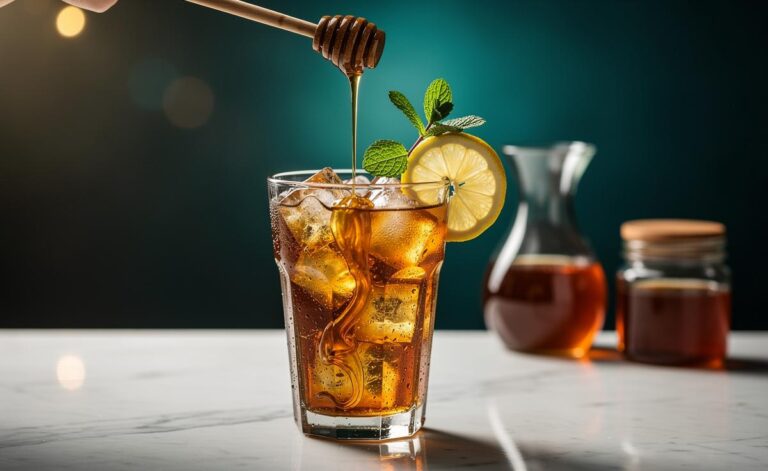Illustration of iced tea being sweetened with honey, showing smoothly dissolving natural sugars