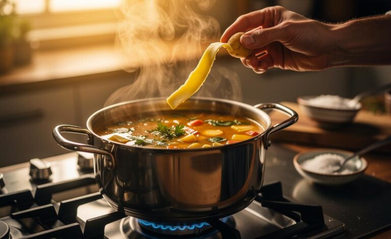 Illustration of adding a potato peel to an oversalted soup to reduce perceived saltiness