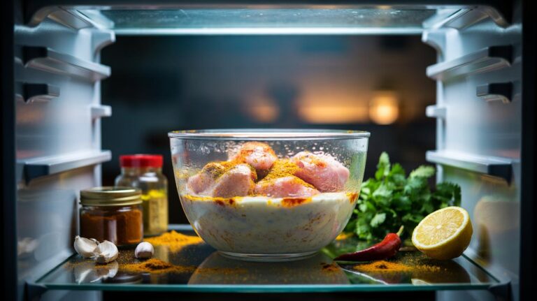 Illustration of chicken pieces marinating in yogurt with spices to tenderise overnight