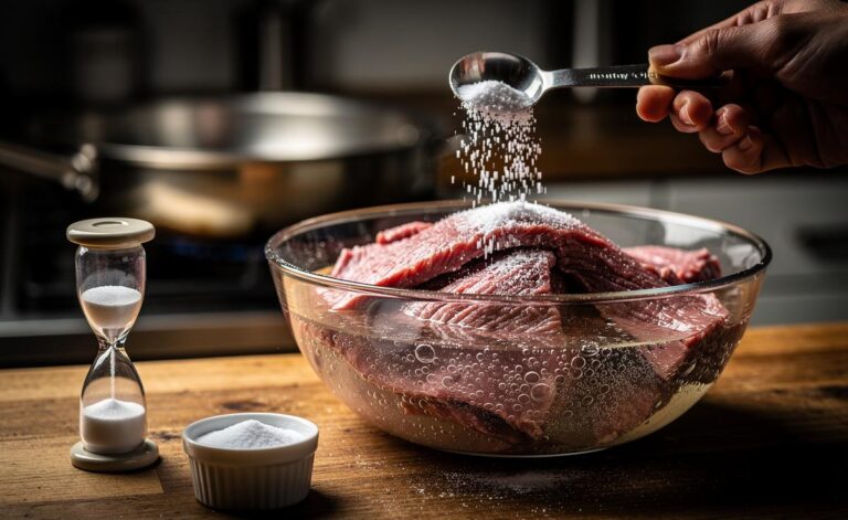 Illustration of a 15-minute baking soda marinade breaking down meat fibres to tenderise tough cuts