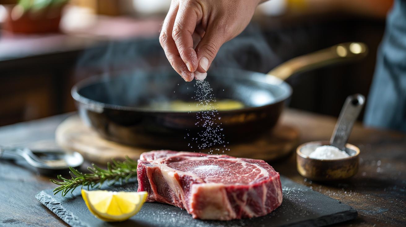 Illustration of baking soda being sprinkled over raw steak to tenderise the meat before searing