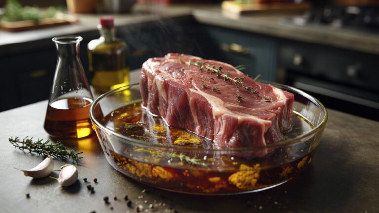 Illustration of meat marinating in a vinegar-based marinade with oil and herbs in a non-reactive glass container