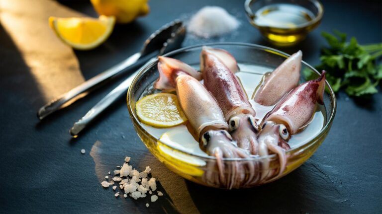 Illustration of squid tubes and tentacles being tenderized in lemon juice