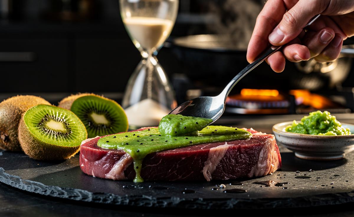 Illustration of applying mashed kiwi flesh to a raw steak for 10 minutes to tenderise it via actinidin before wiping and searing.