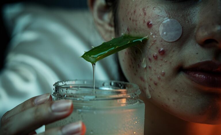 Illustration of chilled aloe vera gel being applied to inflamed acne-prone skin at night to soothe redness and swelling